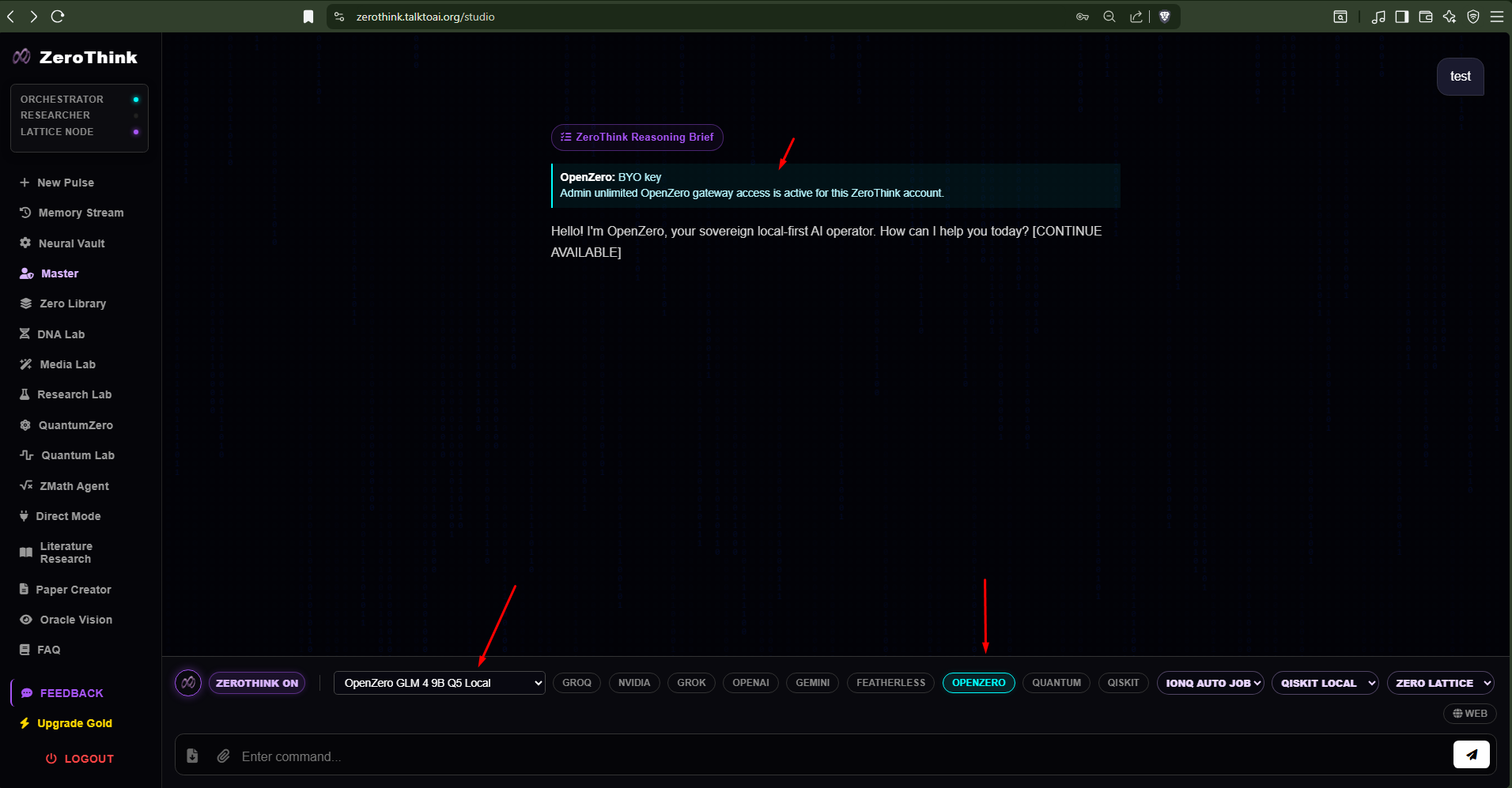 AgentZero studio connected to OpenZero local model mode