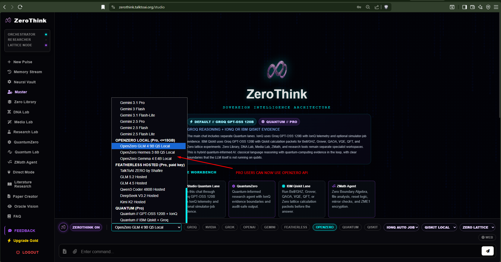 AgentZero model selection menu with OpenZero local model options